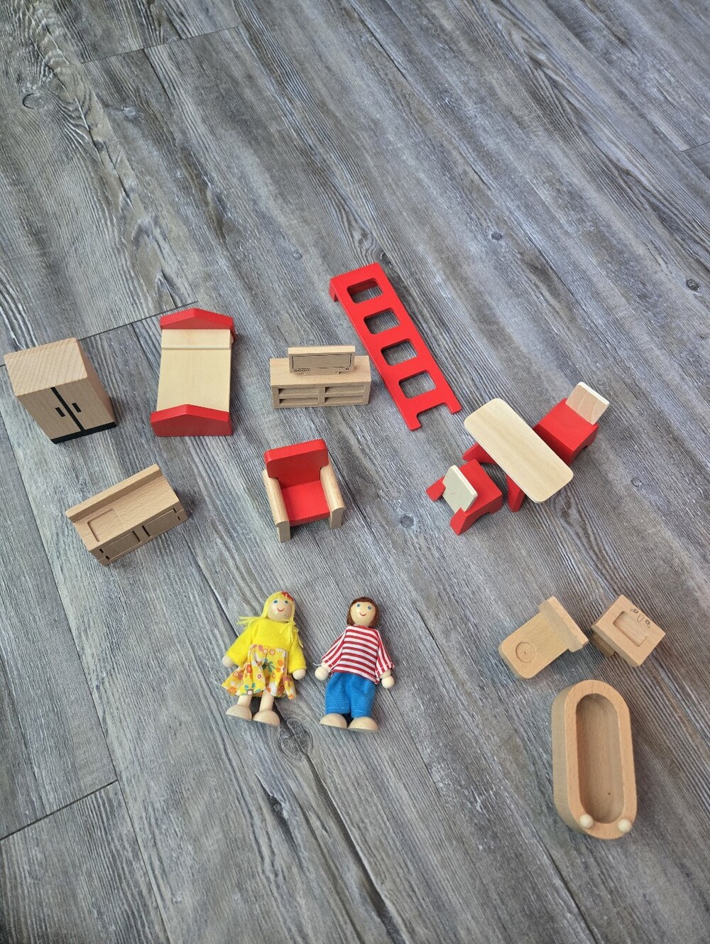 Wooden Dollhouse Furniture Set with Red Accents - Kids Toys